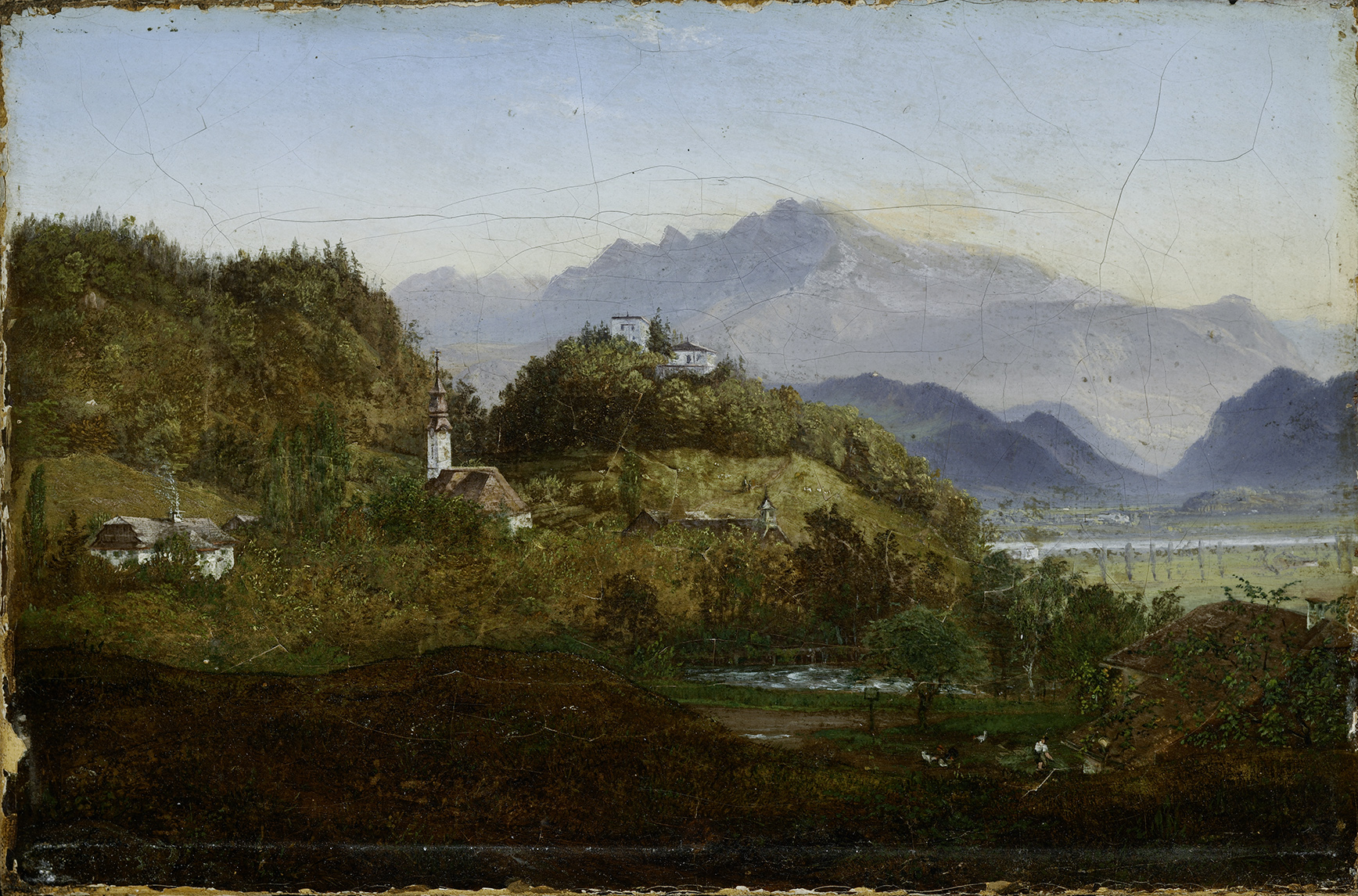 Friedrich Loos: Ansicht von Gnigl mit Kirche und Schloß Neuhaus, 1836